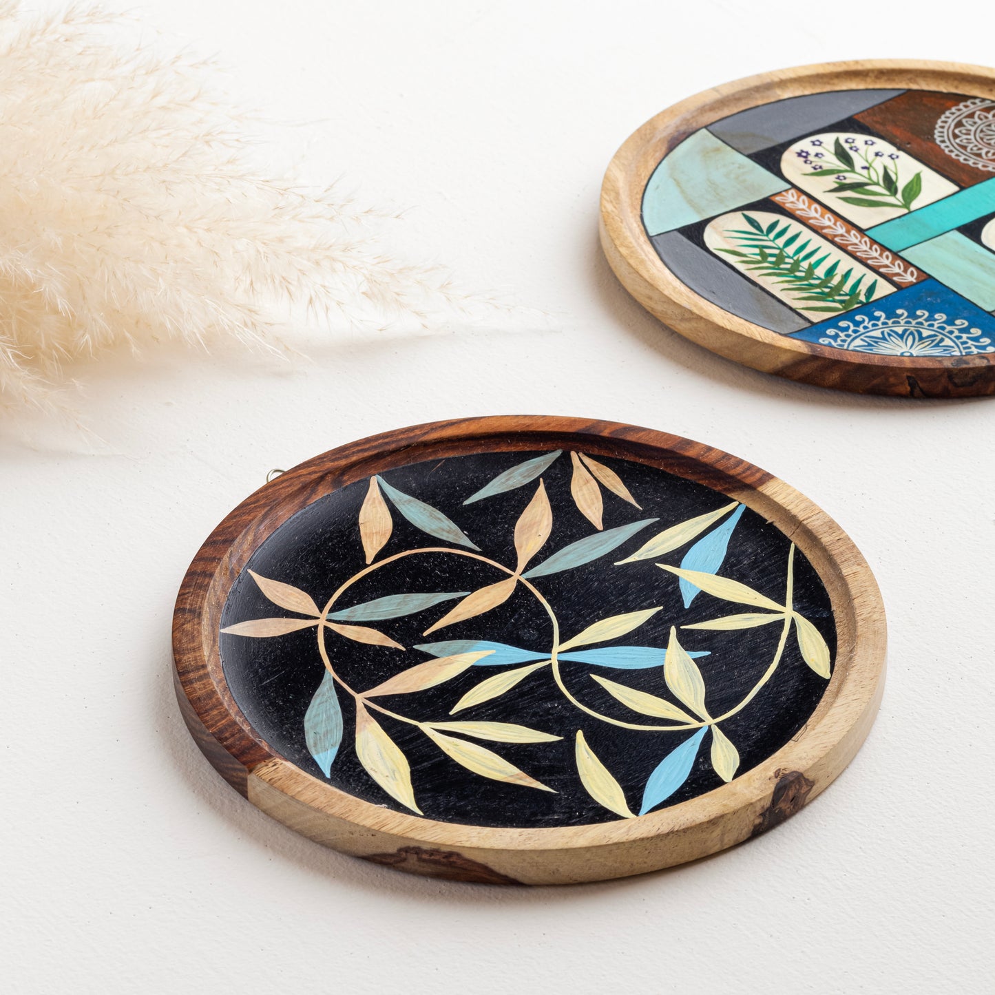 Abha Wall Plates Decor Hanging for Home | Hand Painted Solid Wood Round Plates | Set of 2