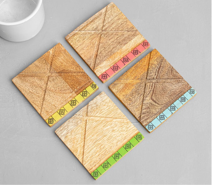Prodigar Hand Painted Mango Wood Coasters Set of 4