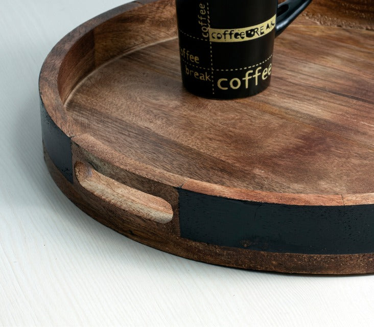 "Shade of Black" Round Wooden Serving Tray in Mango Wood