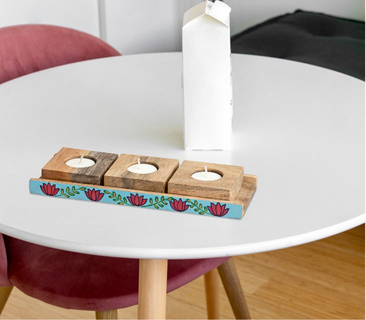 Marvy melodies Mango Wood T-Light Candle holder (3 Nos) with Stand