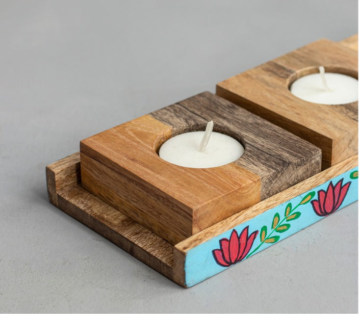 Marvy melodies Mango Wood T-Light Candle holder (3 Nos) with Stand