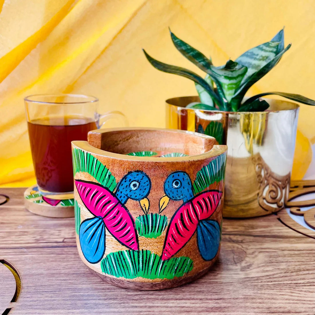 Chahel Round Wooden Coaster with Holder | Set of 6