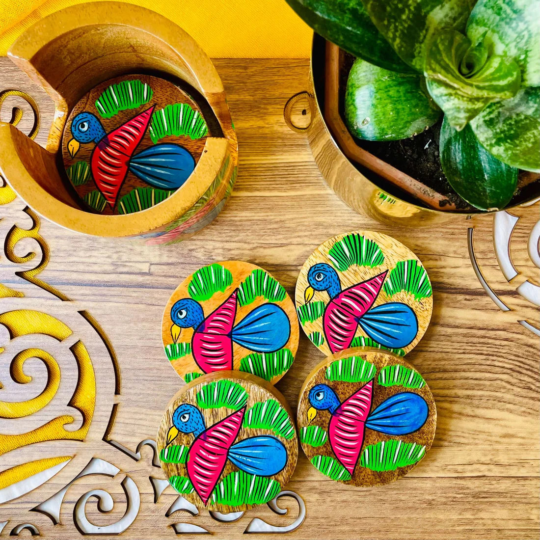 Chahel Round Wooden Coaster with Holder | Set of 6