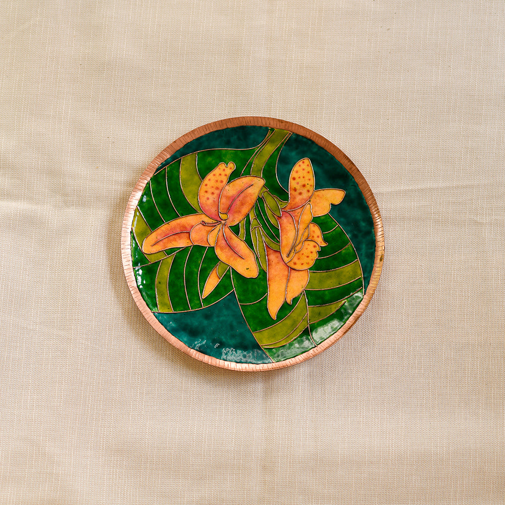 Copper Enamel Wall Plate "Gardens of Vishwakarma, Greens - Canna"