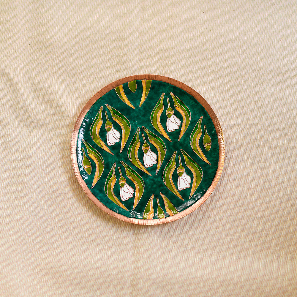 Copper Enamel Wall Plate "Gardens of Vishwakarma, Greens - Wildflower"