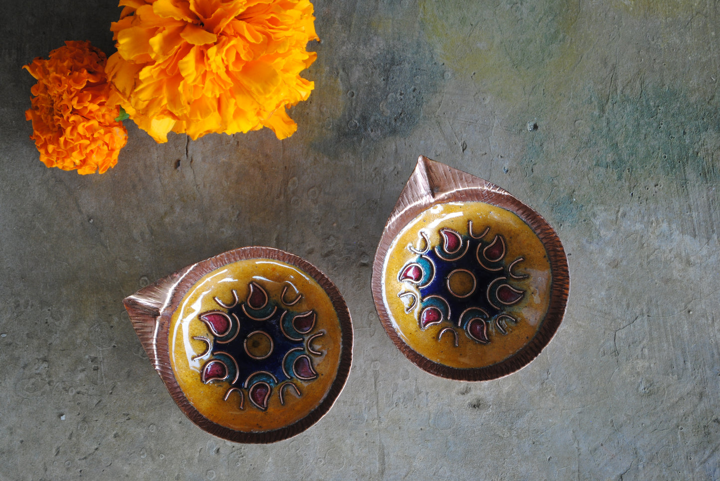 Copper Enamel Diya : Set 2 (Yellow)