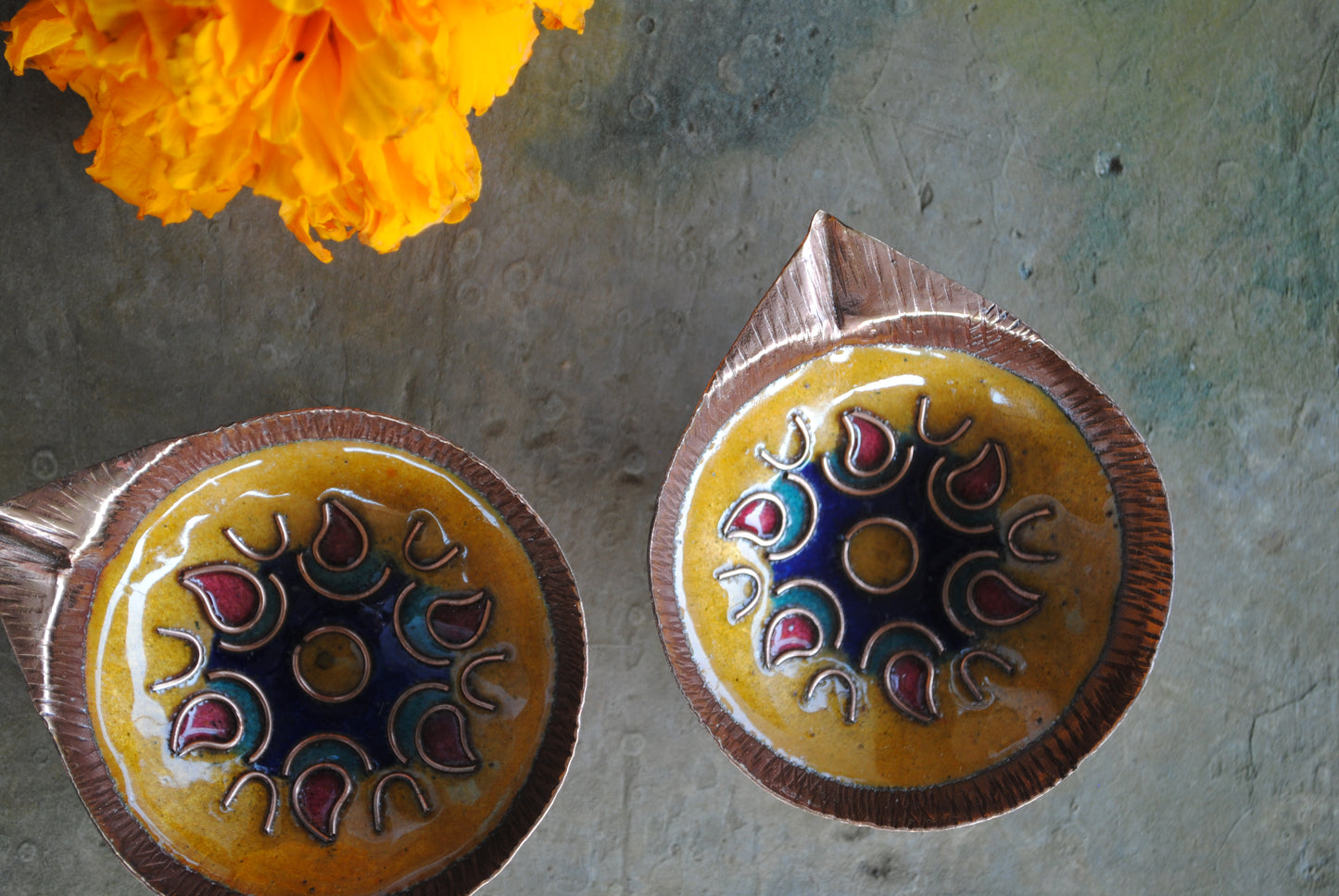 Copper Enamel Diya : Set 2 (Yellow)
