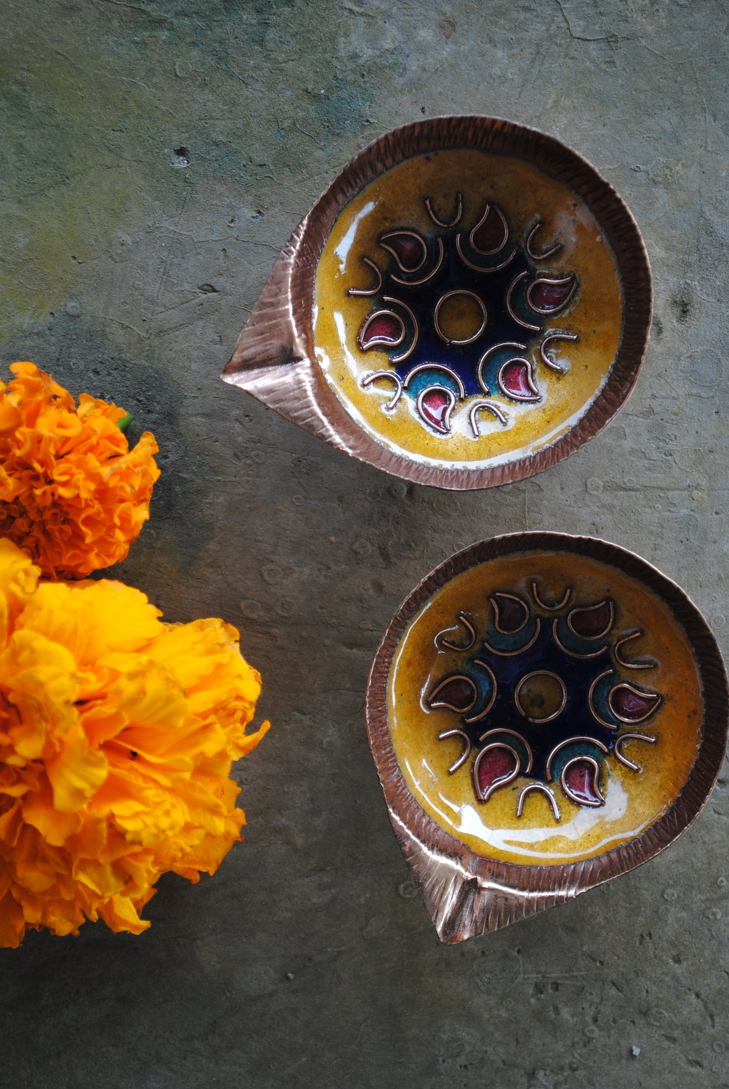 Copper Enamel Diya : Set 2 (Yellow)