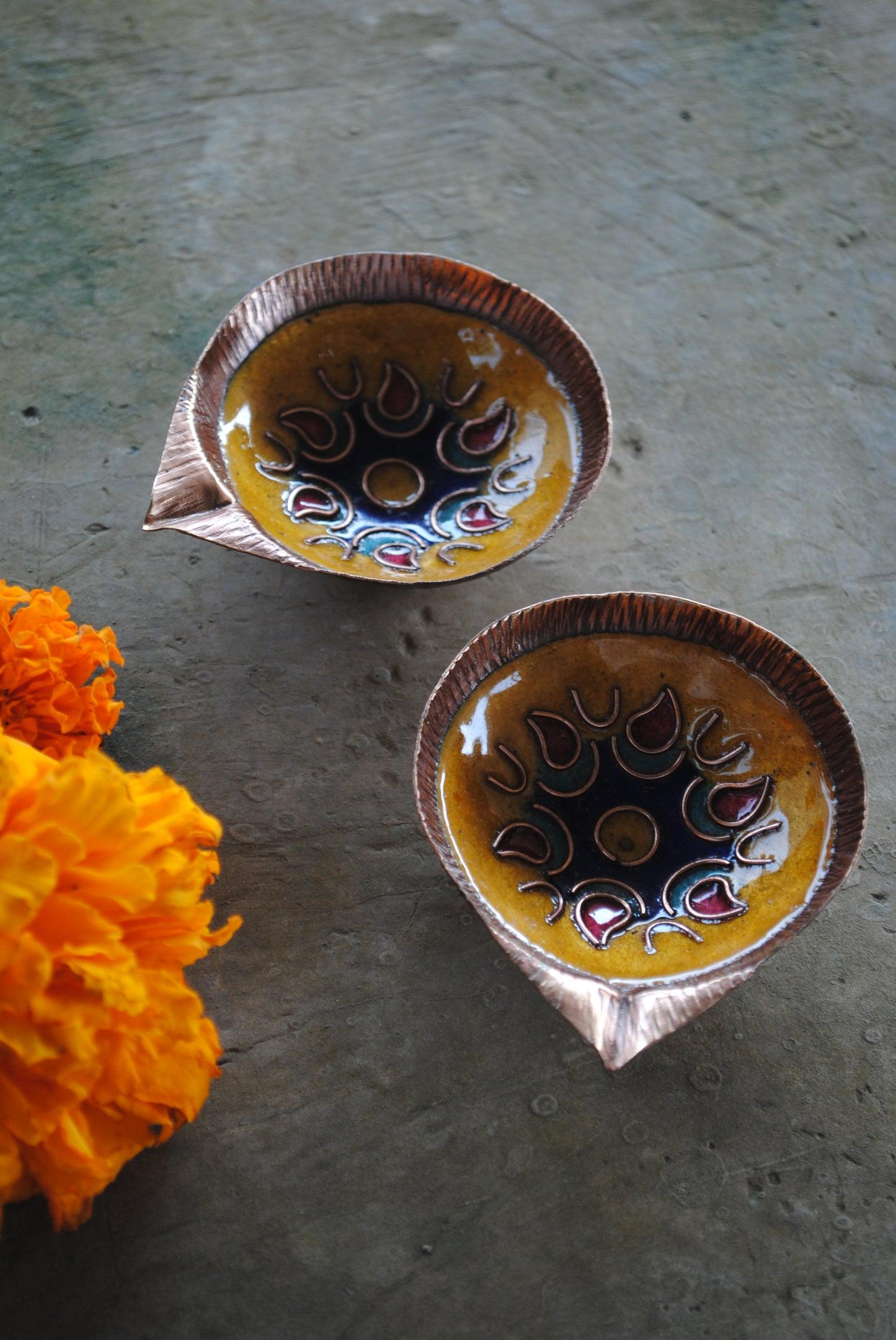 Copper Enamel Diya : Set 2 (Yellow)
