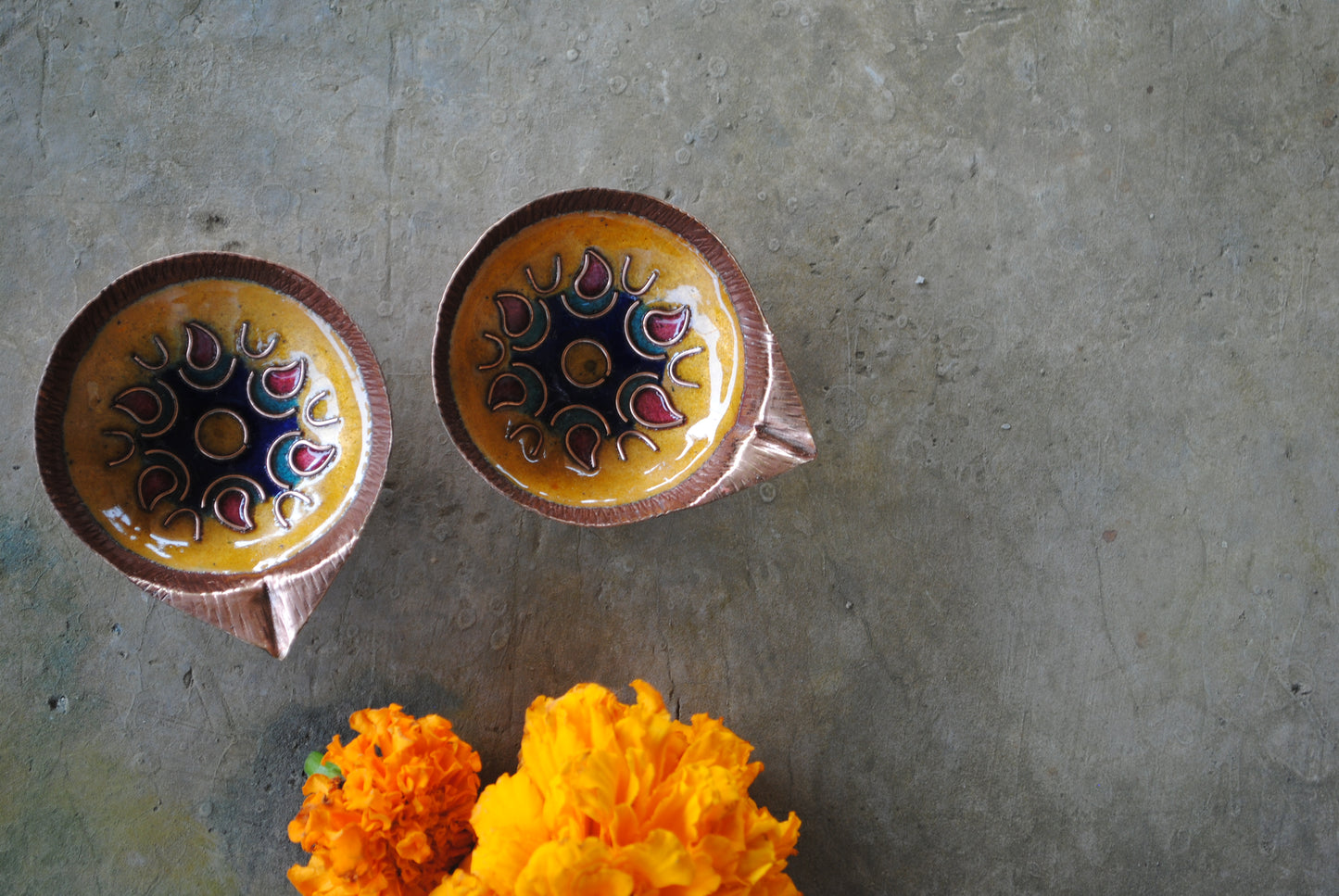 Copper Enamel Diya : Set 2 (Yellow)