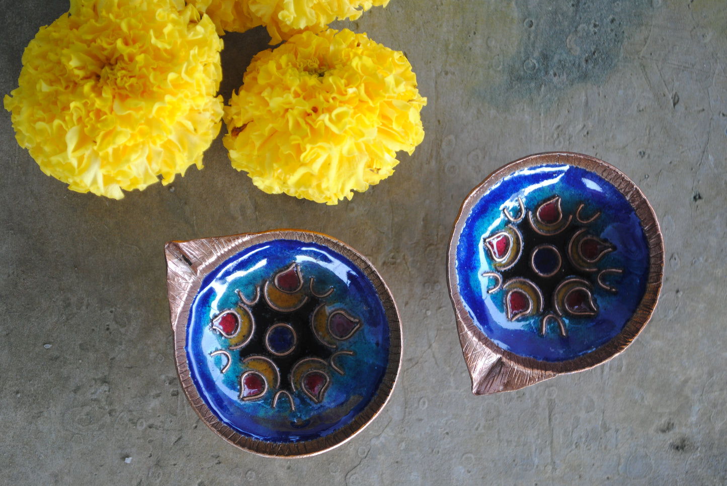 Copper Enamel Diya : Set of 2 (Blue)