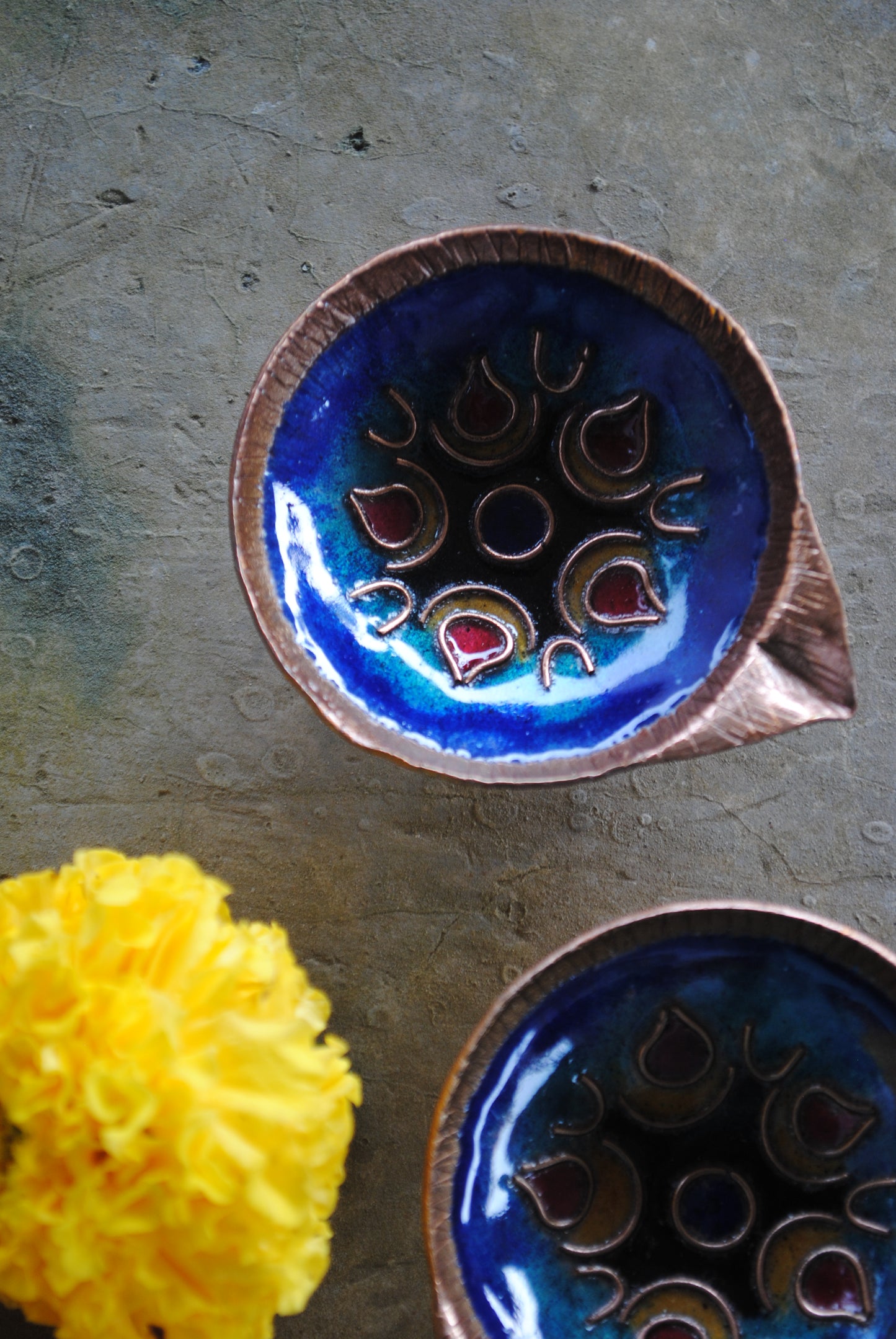 Copper Enamel Diya : Set of 2 (Blue)
