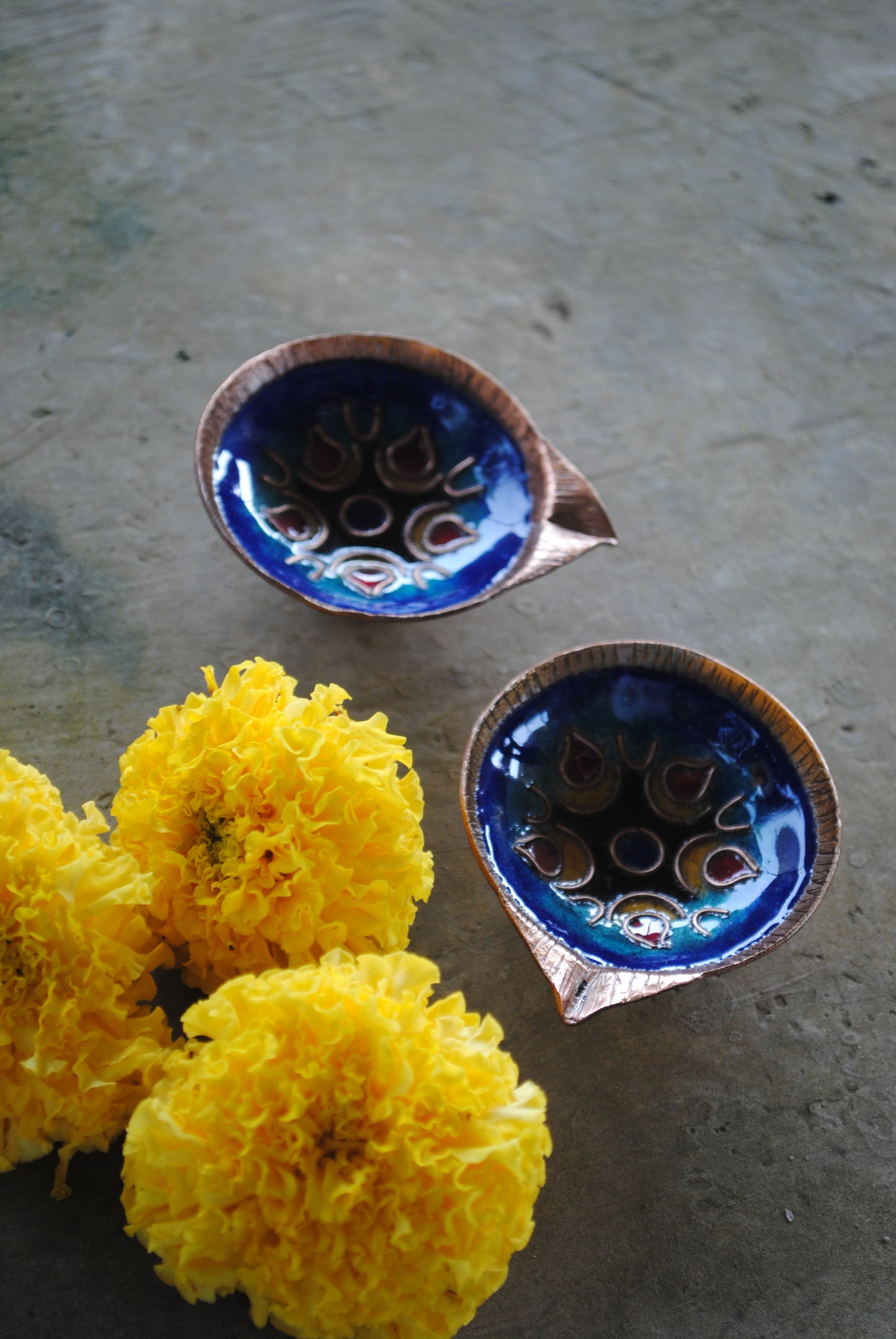 Copper Enamel Diya : Set of 2 (Blue)