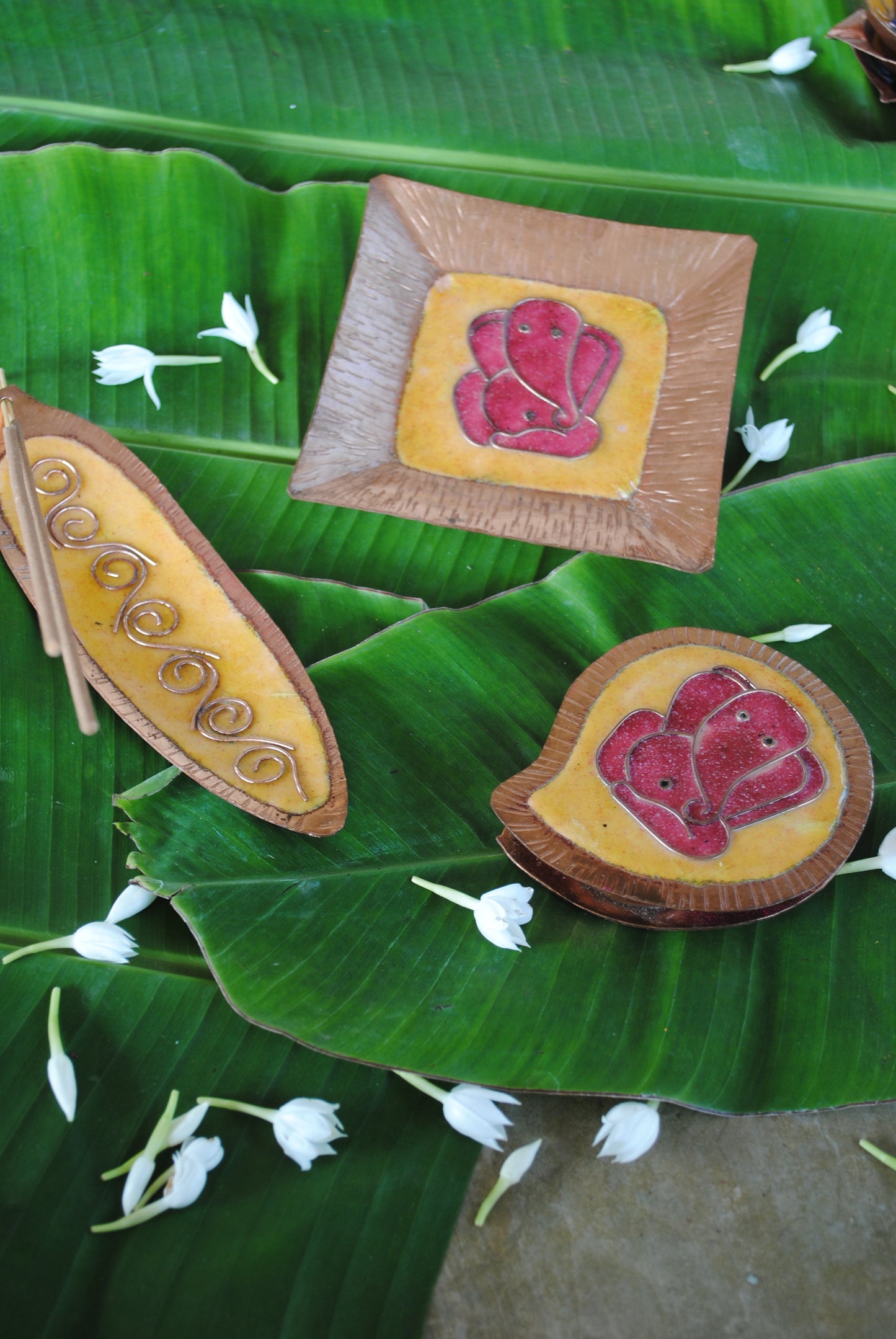 Yellow Ganesha Plate, Kumkum Holder & Agarbatti Stand Combo