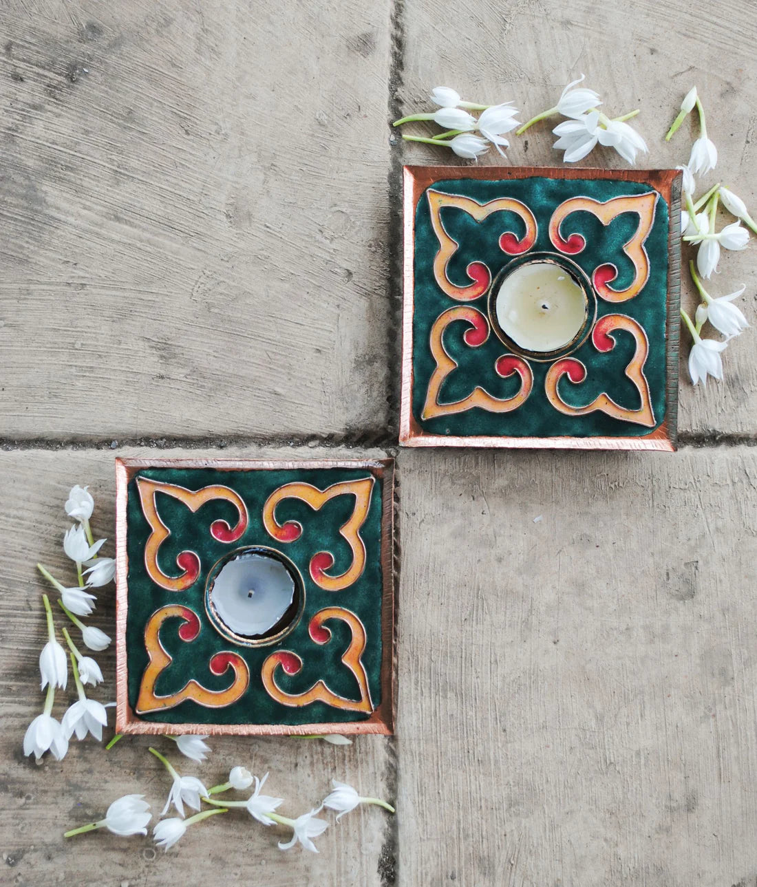 Rangoli Square Tealight Holder Set of 2 Dark Green
