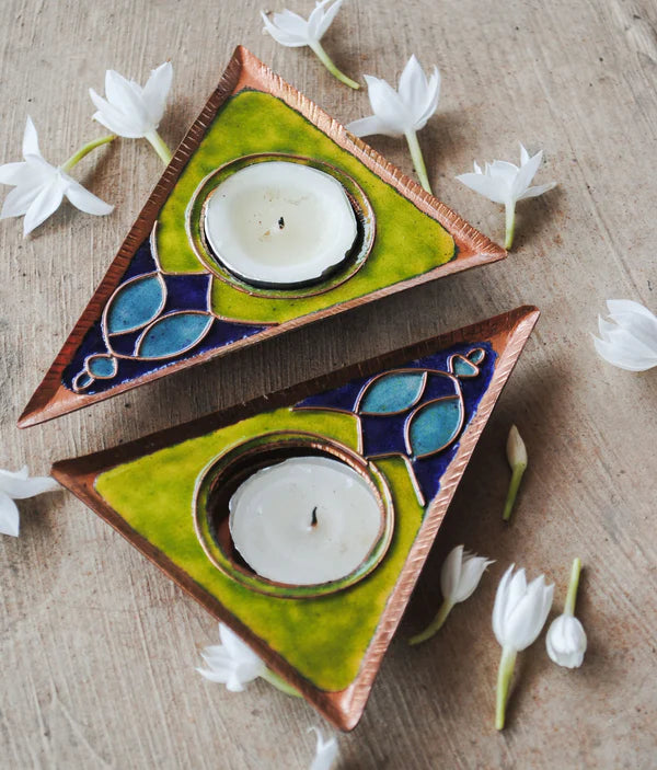 Rangoli Triangle Tealight Holder : Set of 2 (Green)