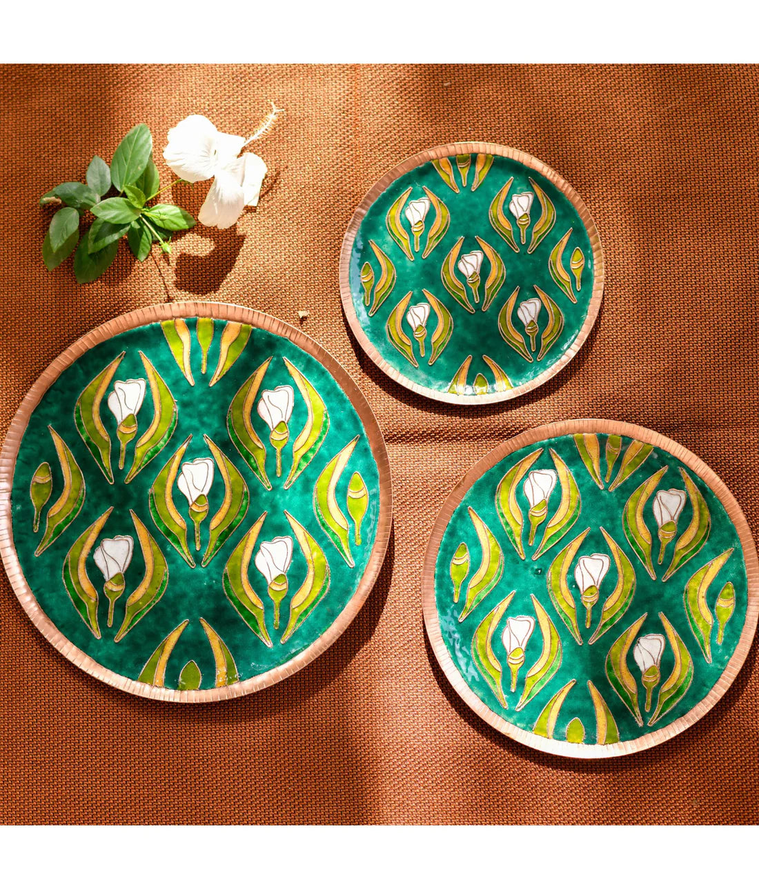 Copper Enamel Wall Plate "Gardens of Vishwakarma, Greens - Wildflower"