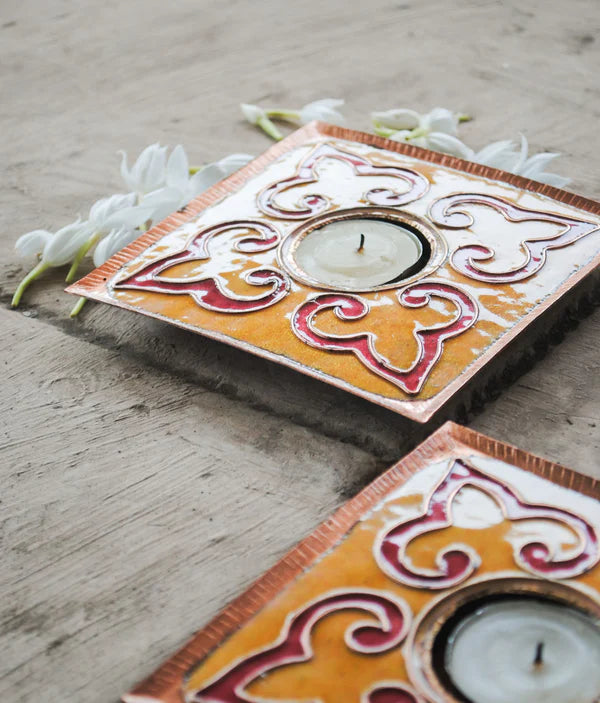 Rangoli Square Tea Light Holder : Set of 2 (Yellow)
