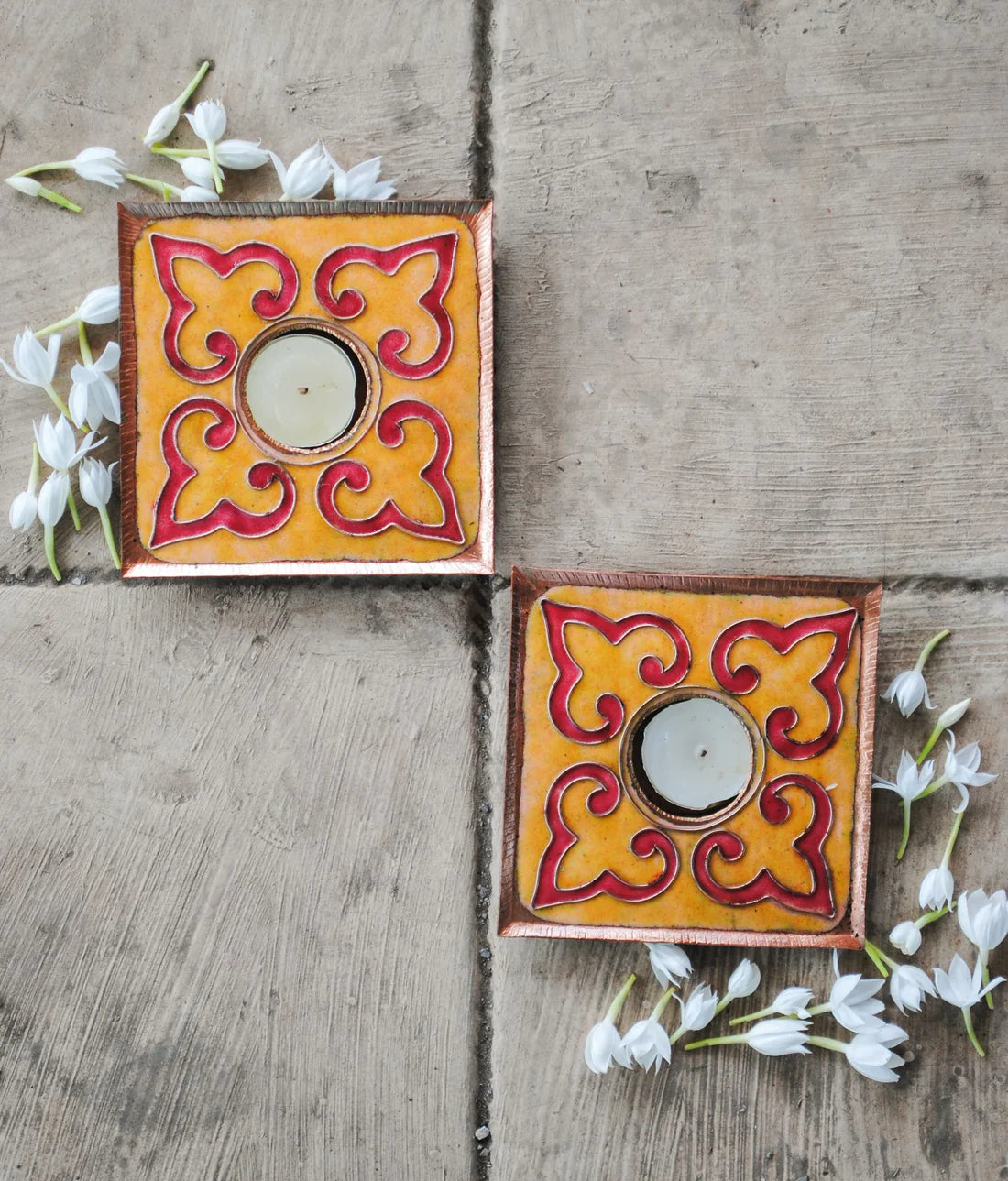 Rangoli Square Tea Light Holder : Set of 2 (Yellow)