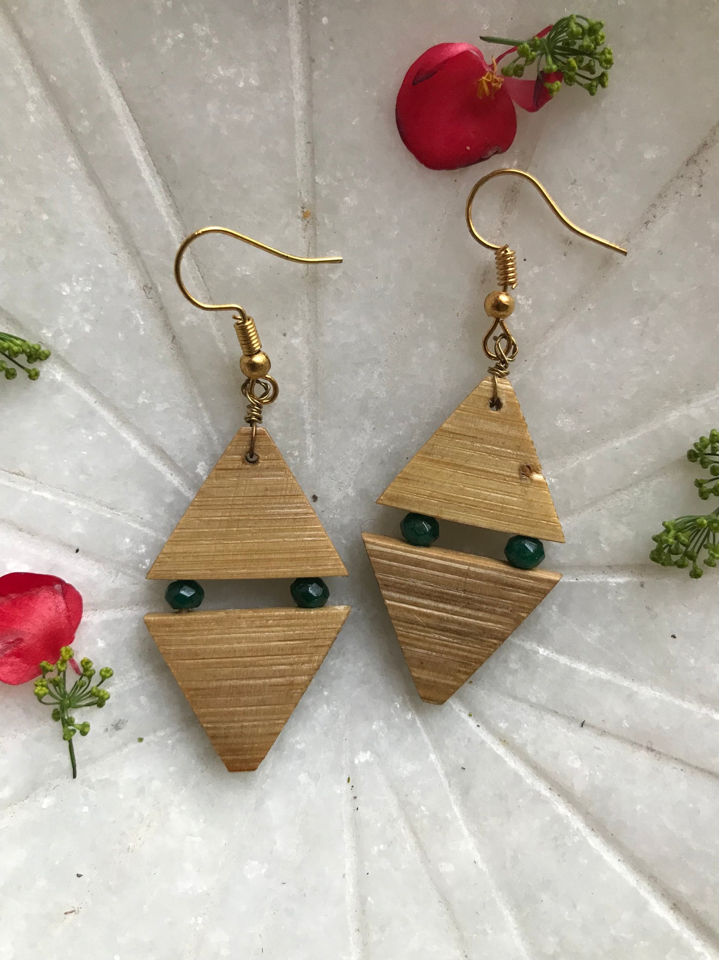 Handcrafted Bamboo Double Triangle Earrings (Green)