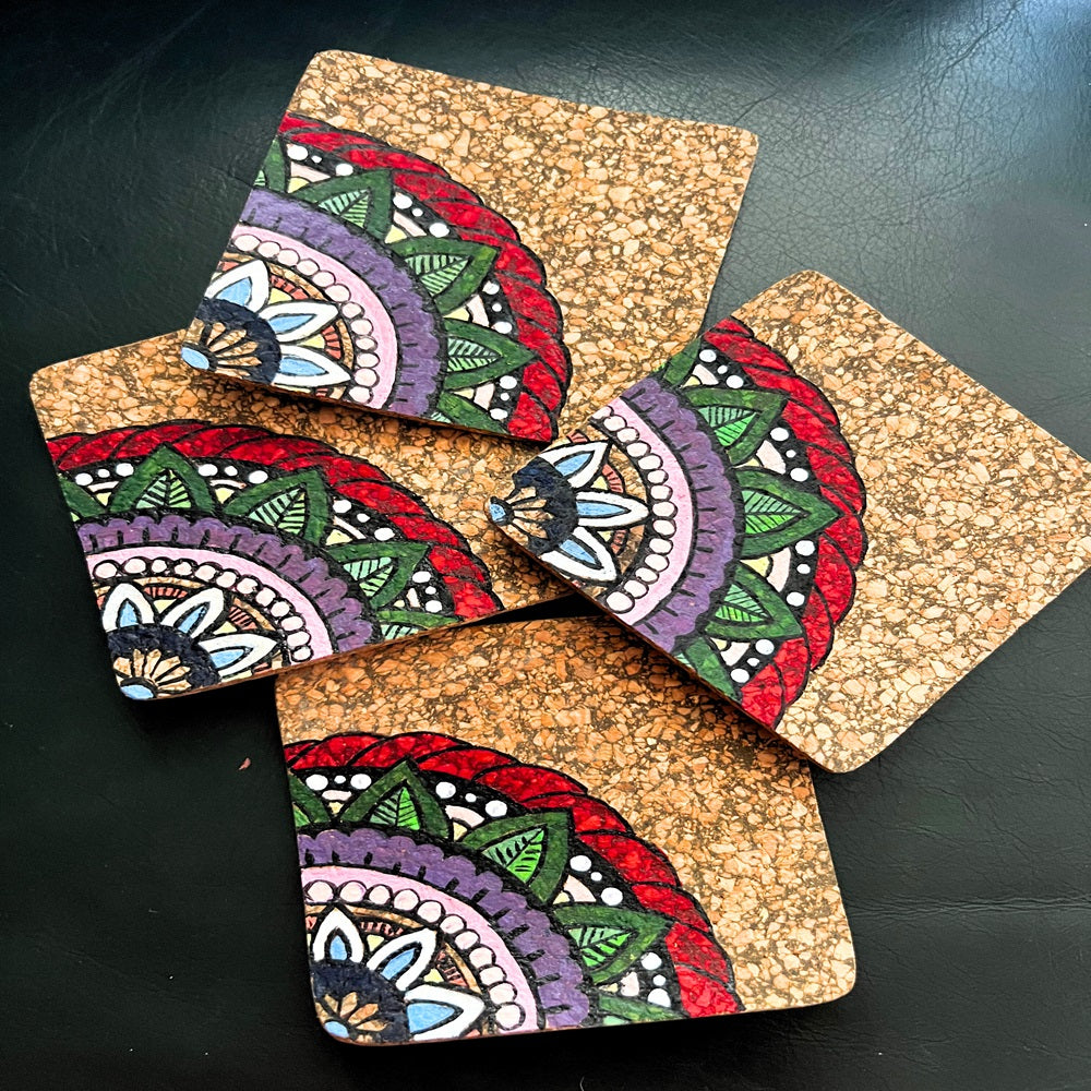 Hand Painted Cork Coasters- Multi Colour Design (Set Of 4)