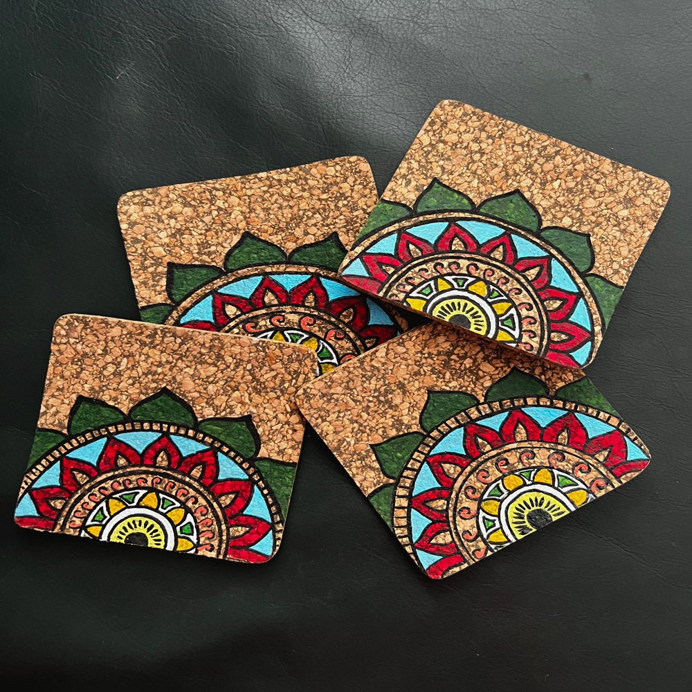 Hand Painted Cork Coasters - Multi Colour Design (Set Of 4)