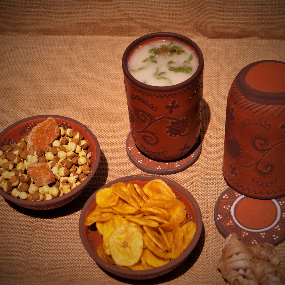 Kutch Painted Pottery Tumblers, Bowls and Coaster (Set of 2 Each)
