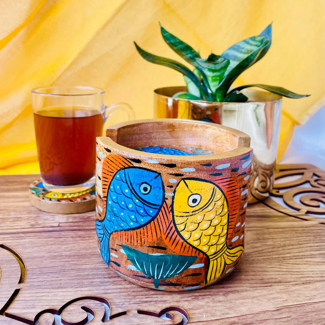 Neer Round Wooden Coaster with Holder | Set of 6