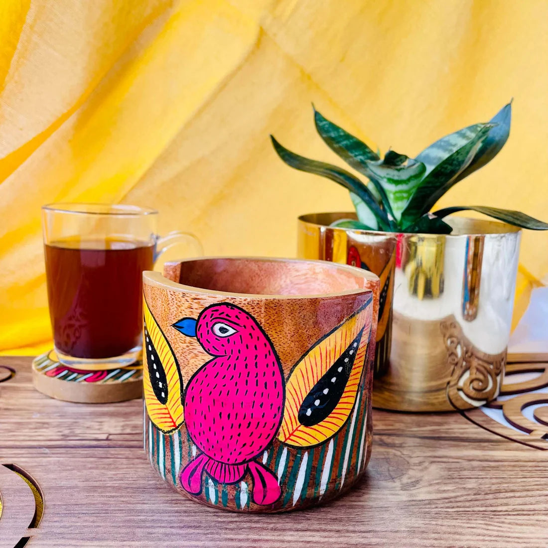 Pihu Round Wooden Coaster with Holder | Set of 6