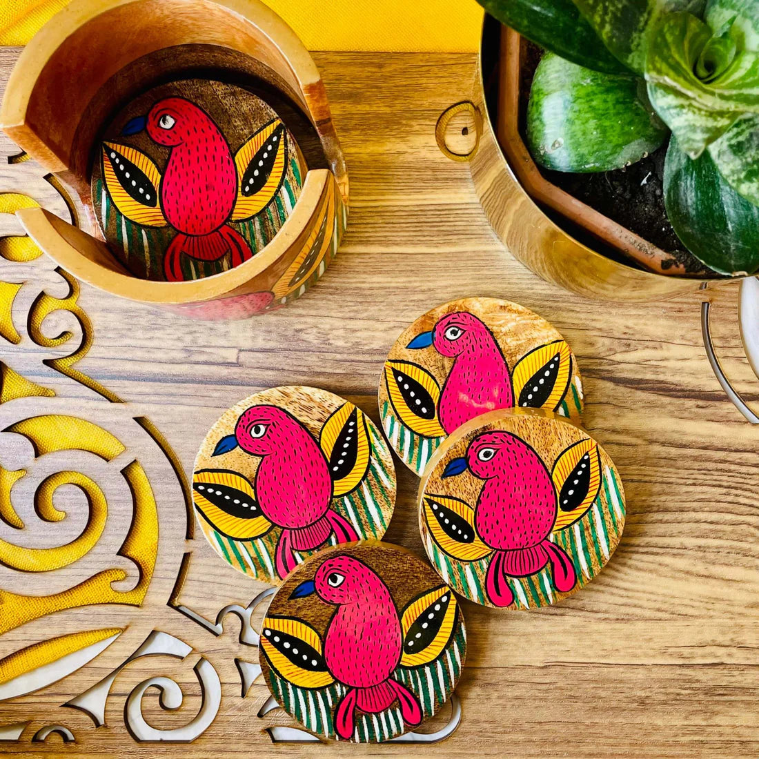 Pihu Round Wooden Coaster with Holder | Set of 6