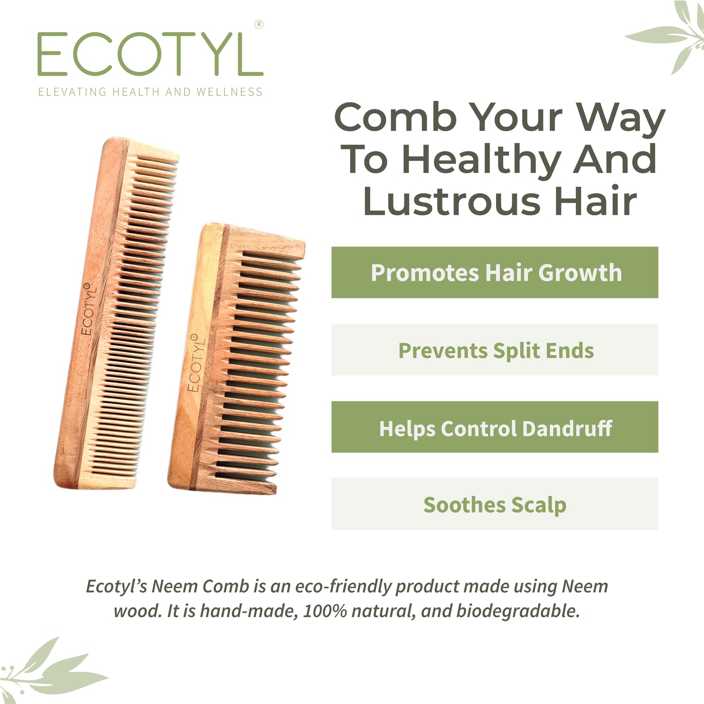 Neem Wood Comb Combo - Detangling Comb & Shampoo Comb | Set of 2