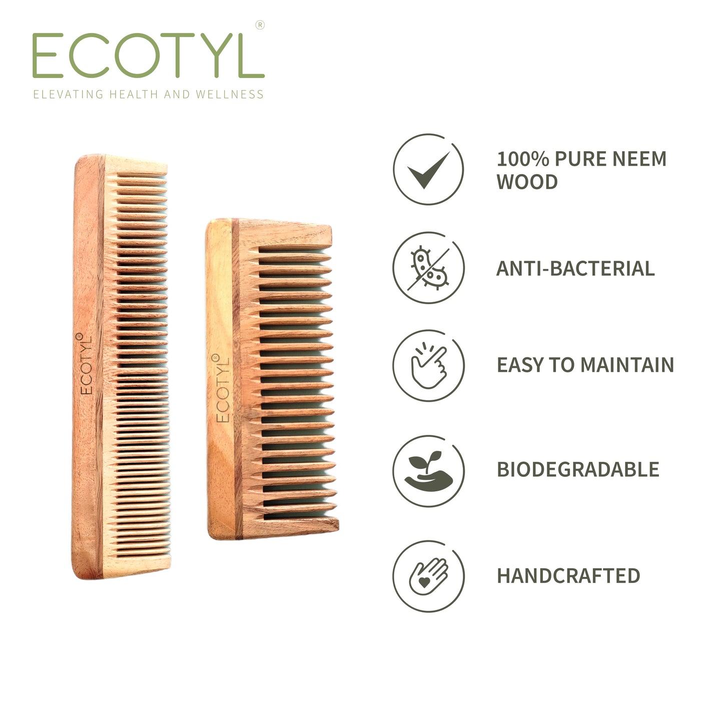 Neem Wood Comb Combo - Detangling Comb & Shampoo Comb | Set of 2