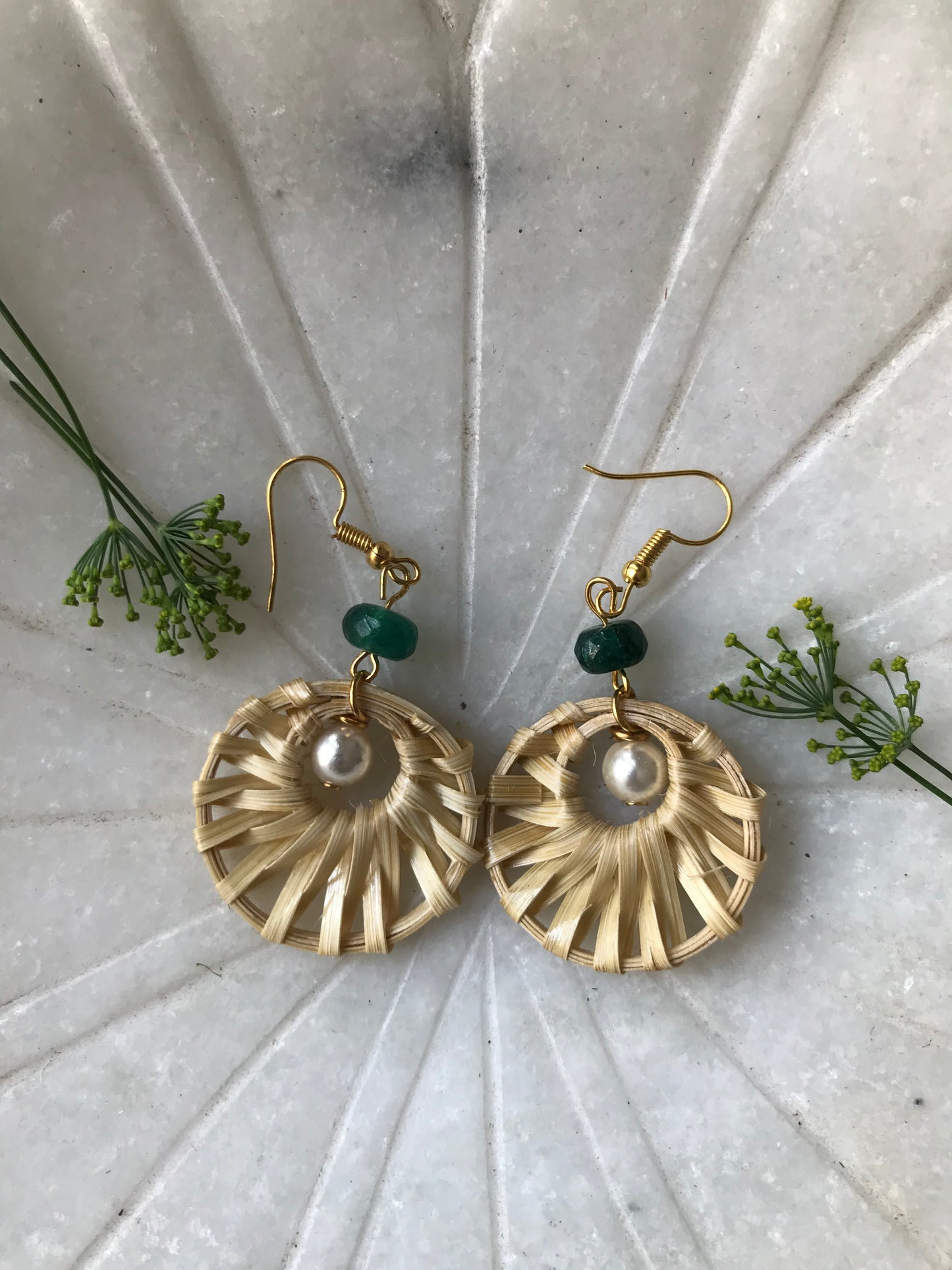 Handcrafted Bamboo Round Weaved Pearl Earrings (Green)