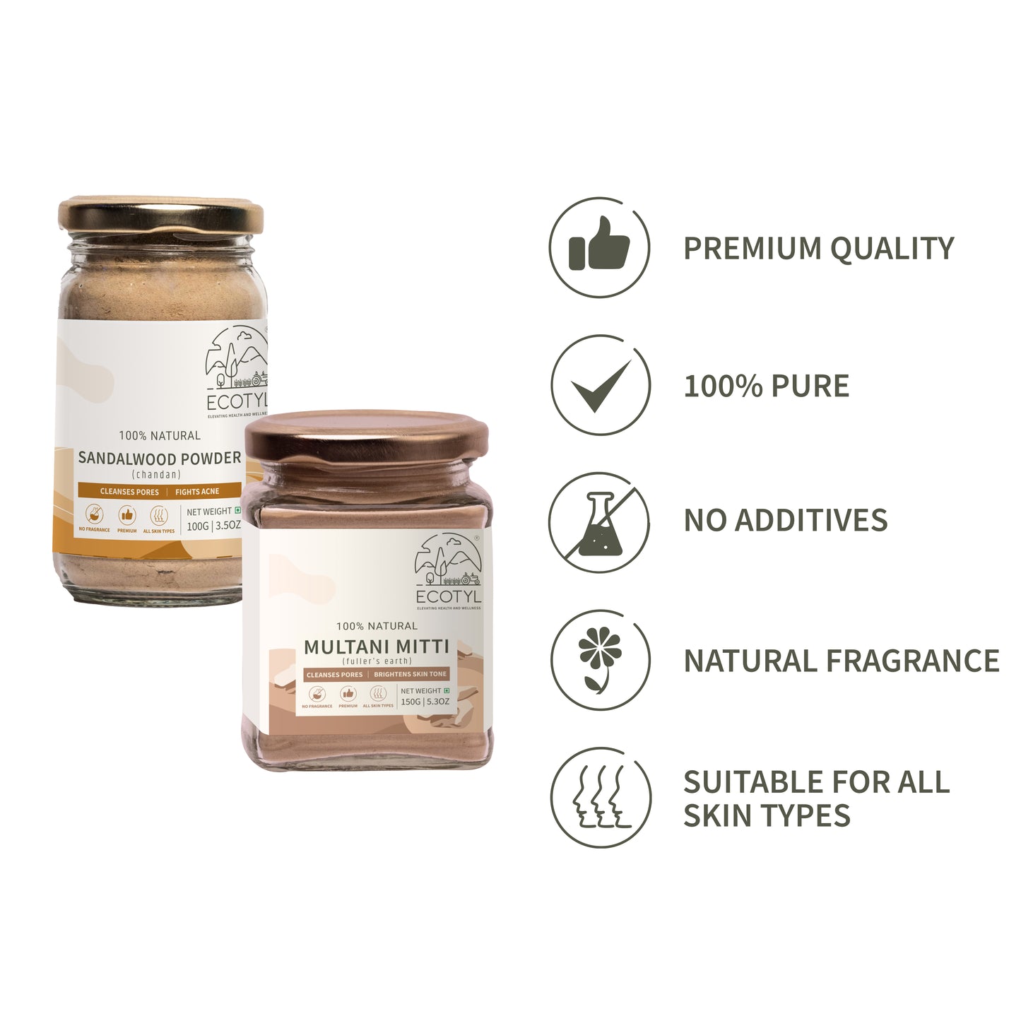 Face Pack Combo - Sandalwood Powder and Multani Mitti | Duo for Skin Brightening and Glow | 100g + 150g