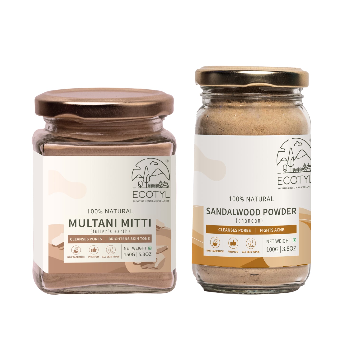 Face Pack Combo - Sandalwood Powder and Multani Mitti | Duo for Skin Brightening and Glow | 100g + 150g