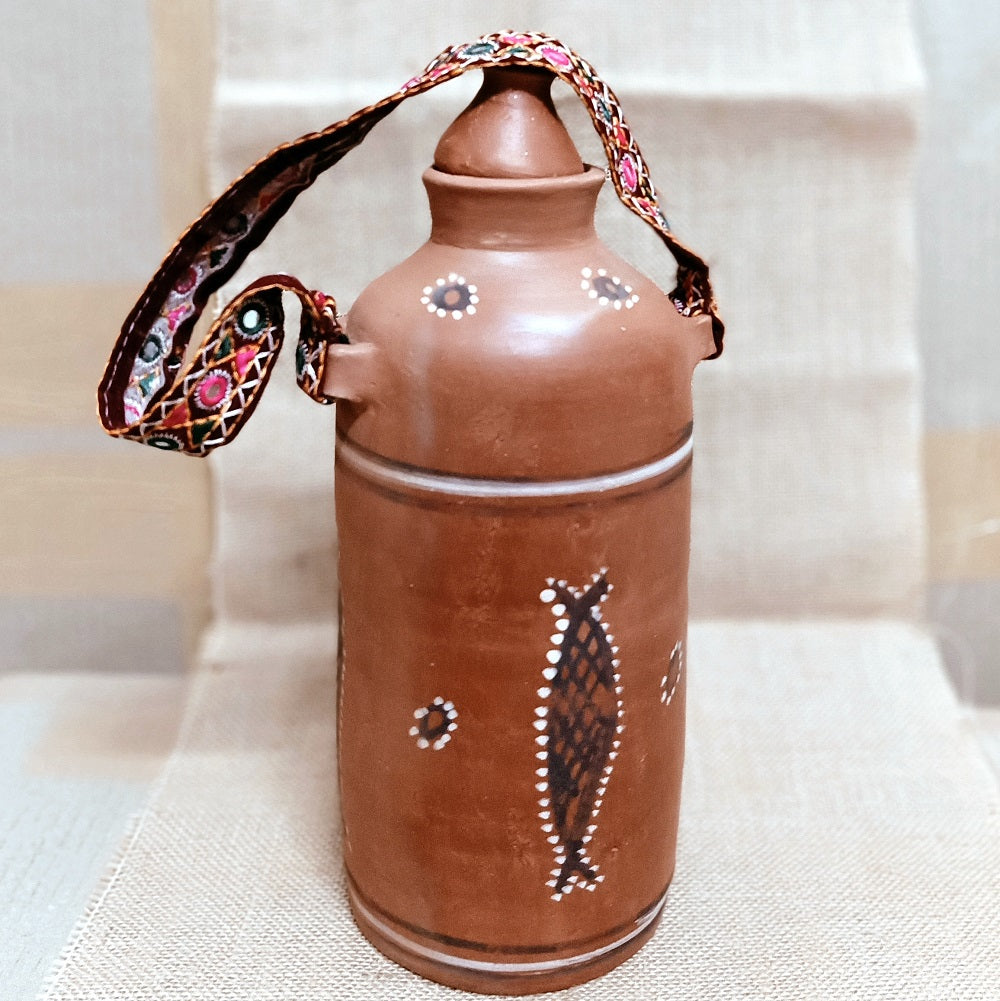 Kutch Painted Pottery Water Bottle with Strap