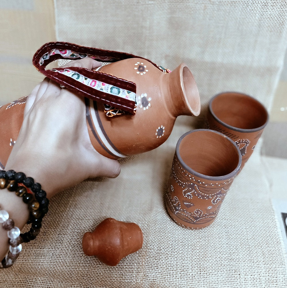 Kutch Painted Pottery Water Bottle with Strap
