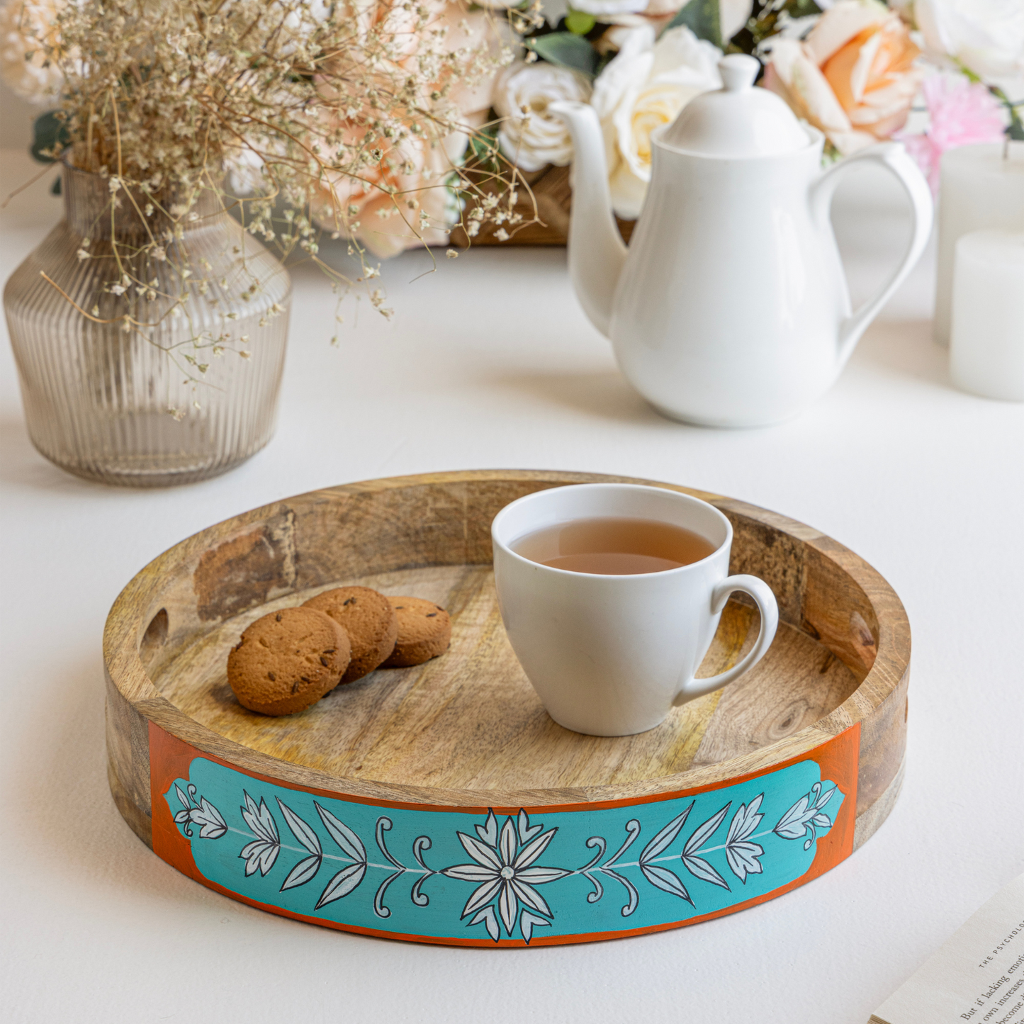 Sidhatva Hand Painted Mango Wood Serving Tray Round Shape I Size-12' I Round Shape