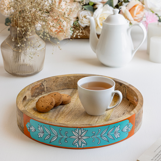 Sidhatva Hand Painted Mango Wood Serving Tray Round Shape I Size-12' I Round Shape