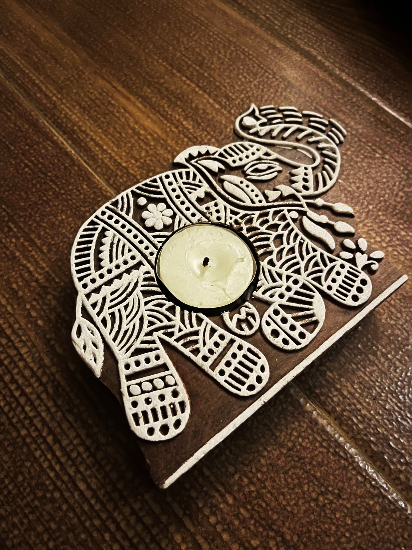 Handcrafted Wooden Diya - Elephant design (Set of 2)
