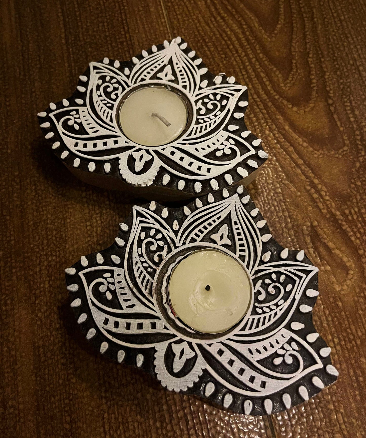 Handcrafted Wooden Diya - Lotus Design (Set of 2)