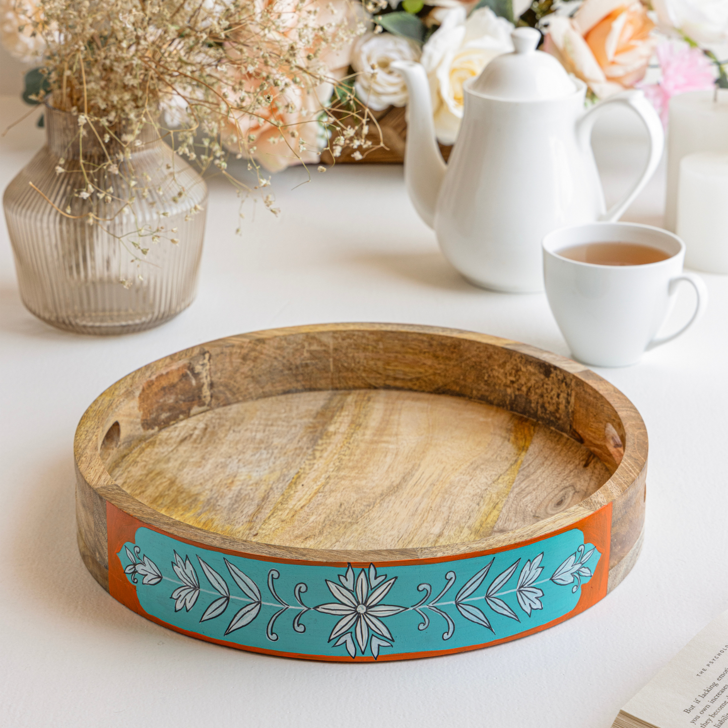 Sidhatva Hand Painted Mango Wood Serving Tray Round Shape I Size-12' I Round Shape
