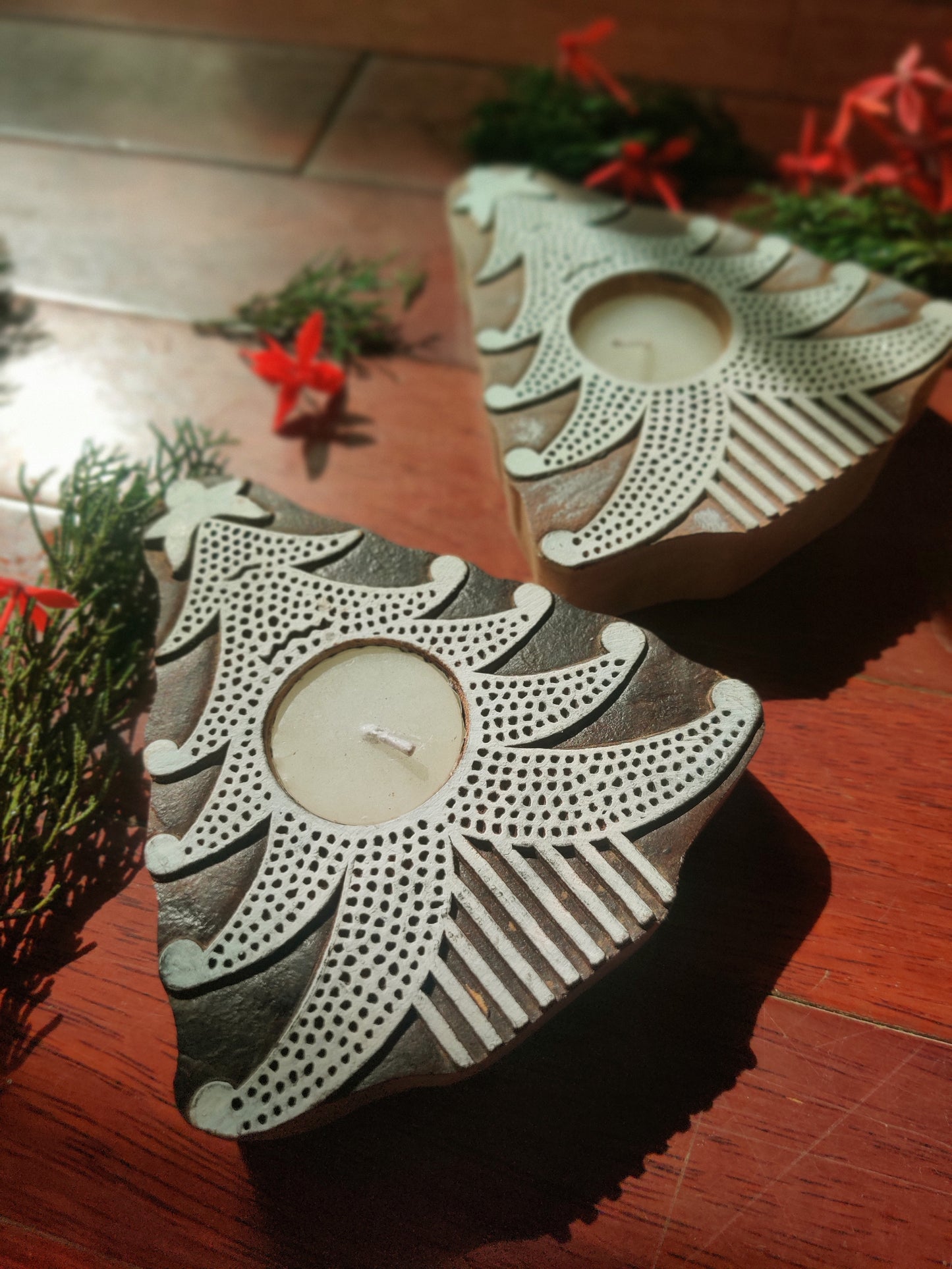Handcrafted Wooden Christmas Tree Tealight Candle Holders - Set of 2