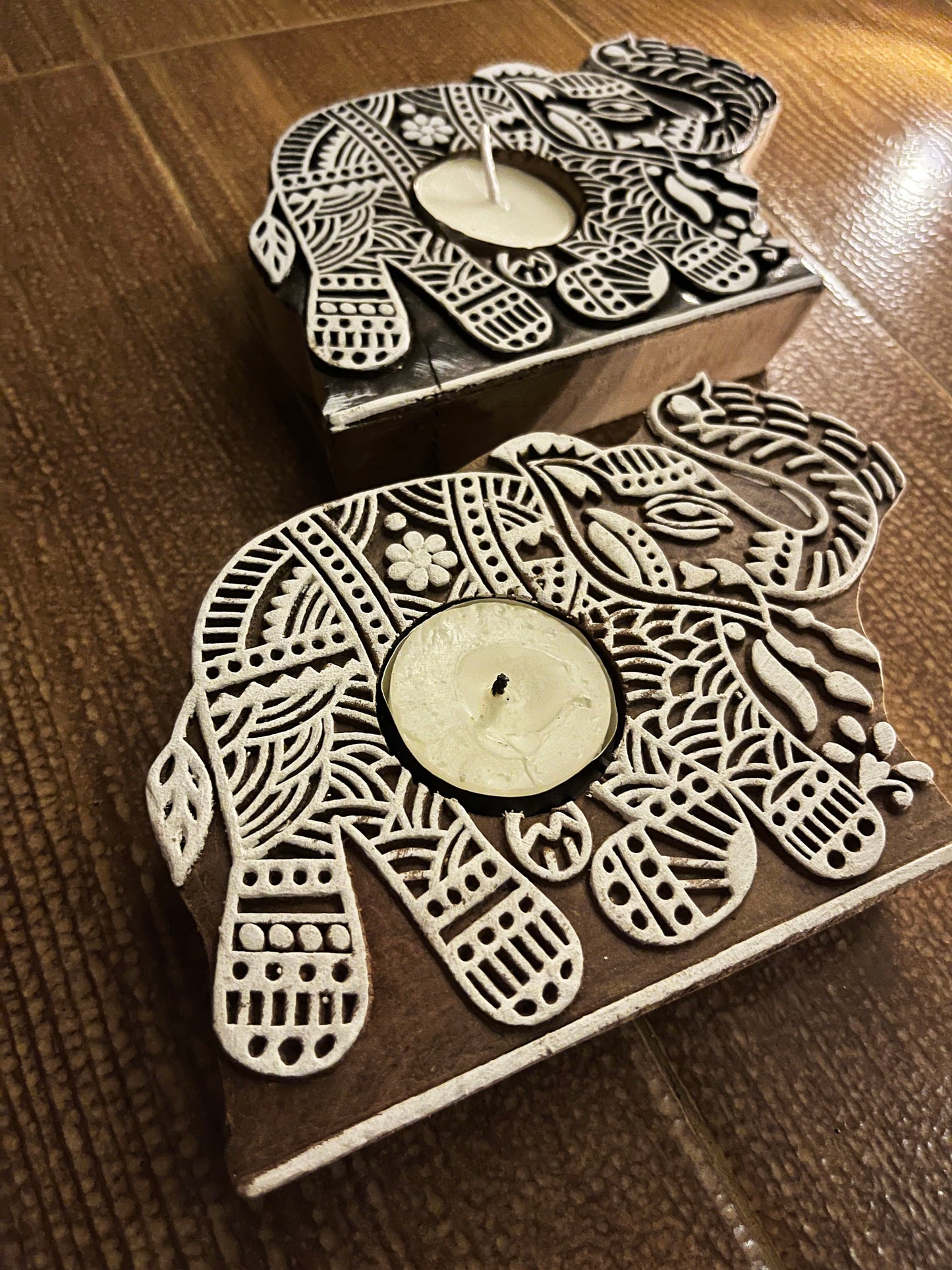 Handcrafted Wooden Diya - Elephant design (Set of 2)
