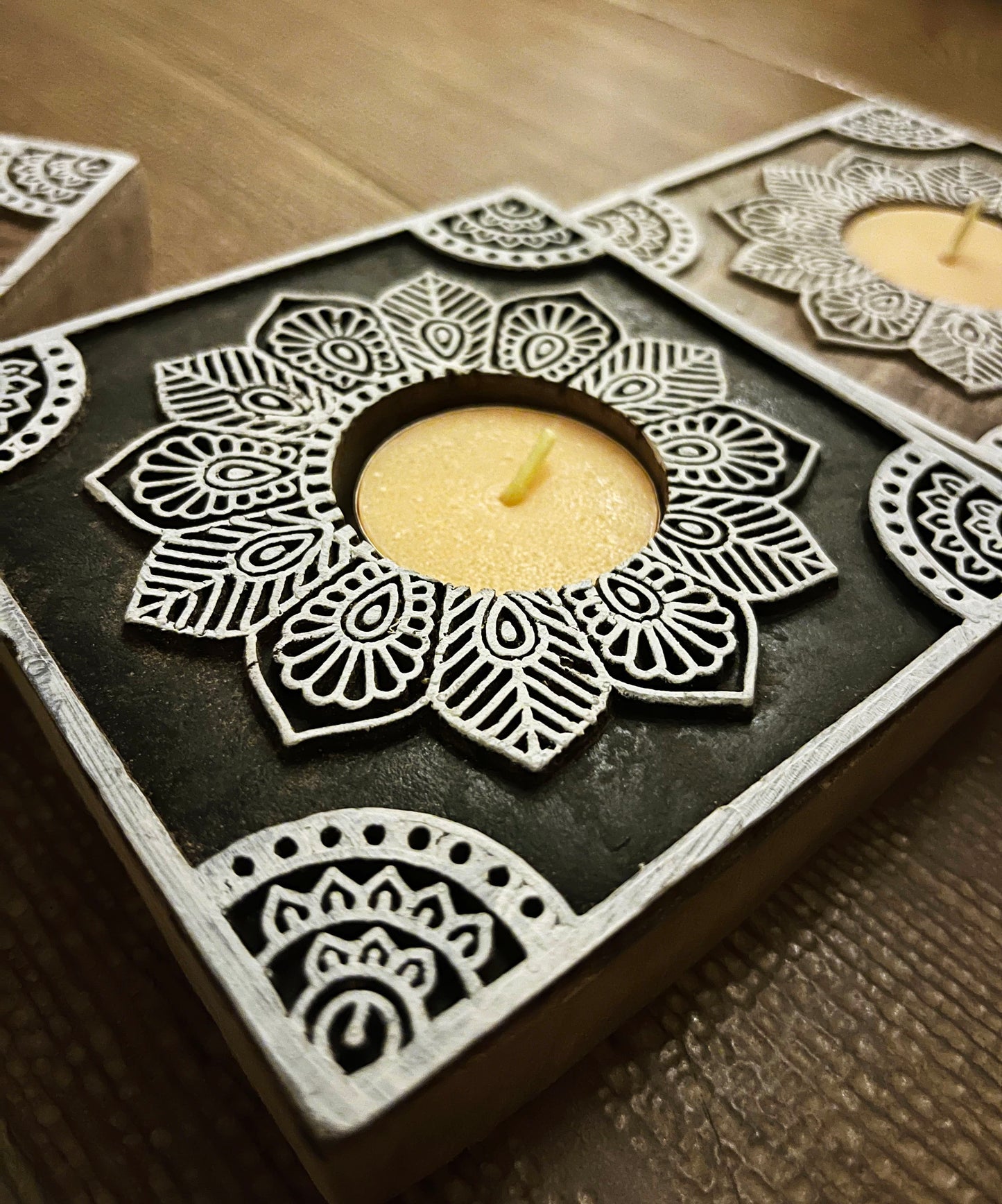 Handcrafted Wooden Diya - Square Design (Set of 2)