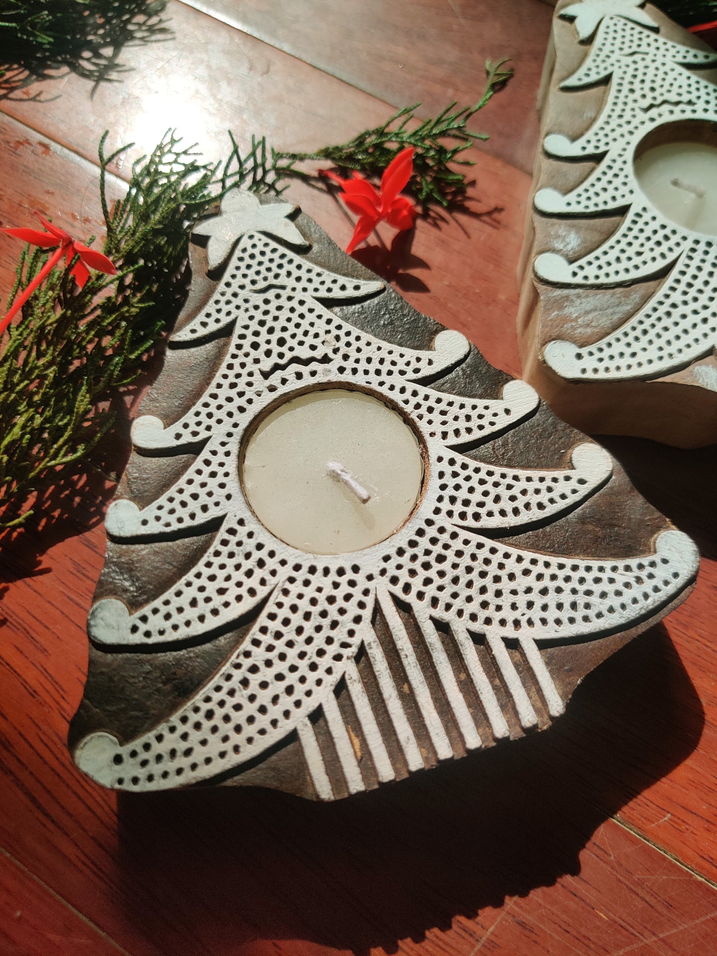 Handcrafted Wooden Christmas Tree Tealight Candle Holders - Set of 2