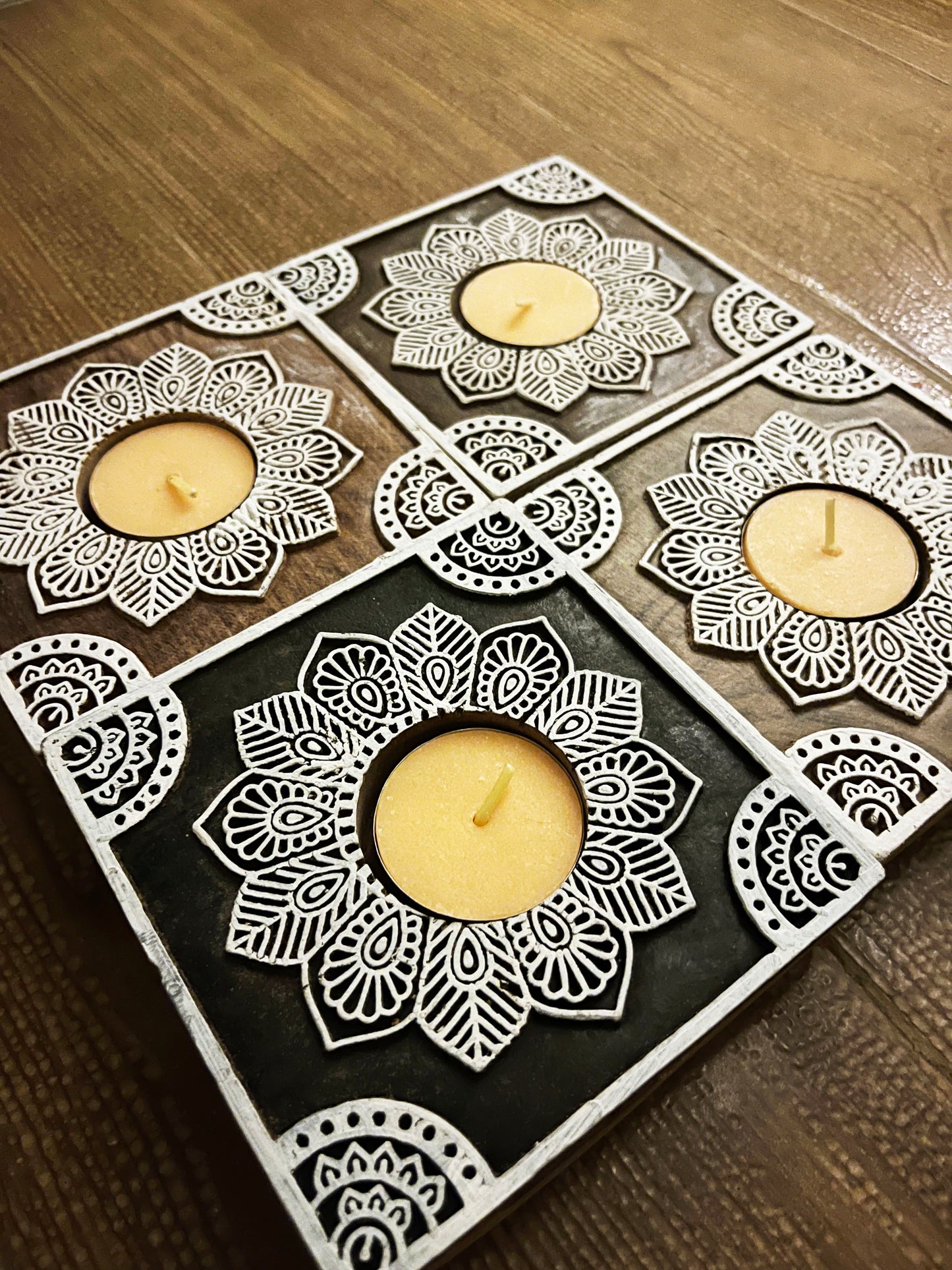 Handcrafted Wooden Diya - Square Design (Set of 2)
