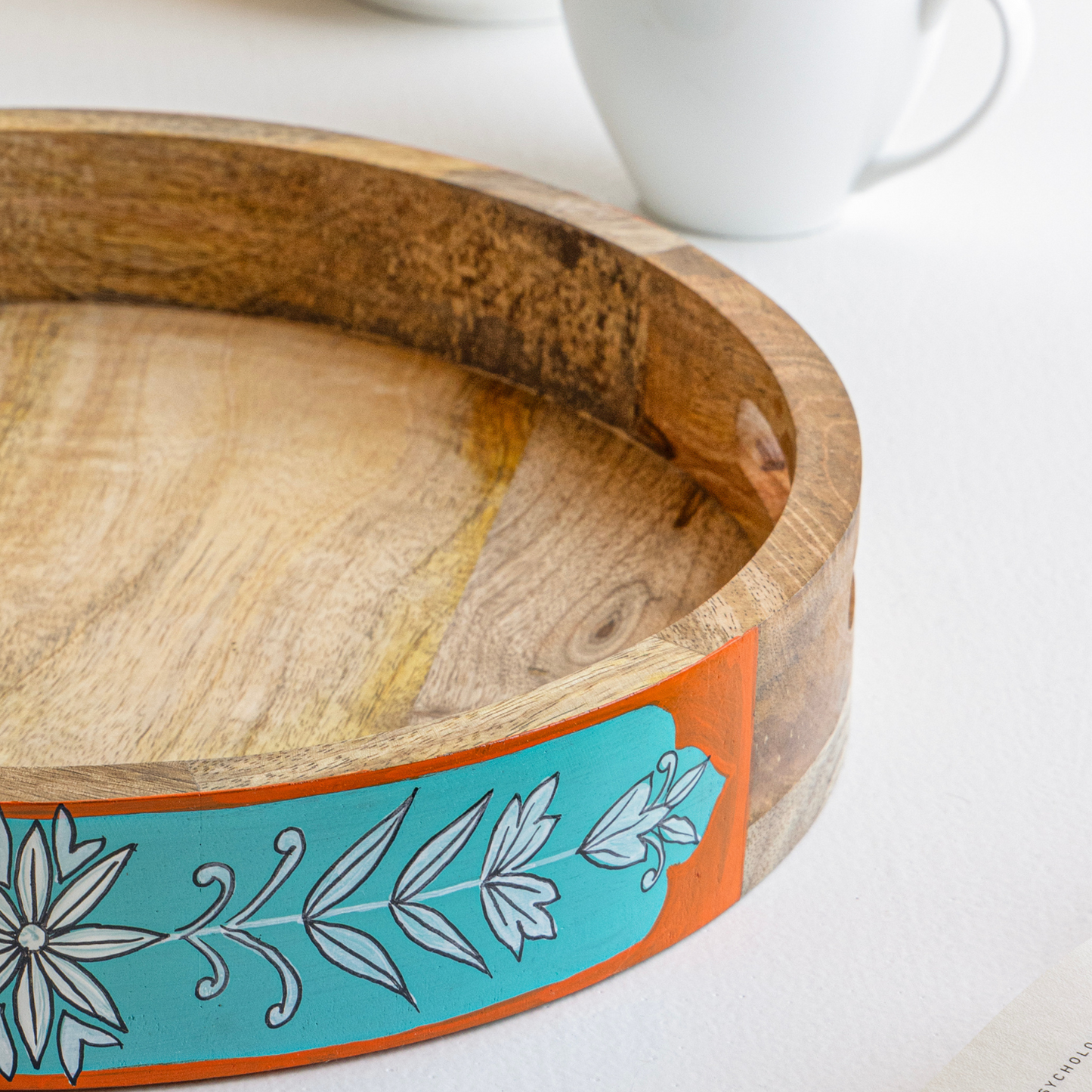 Sidhatva Hand Painted Mango Wood Serving Tray Round Shape I Size-12' I Round Shape