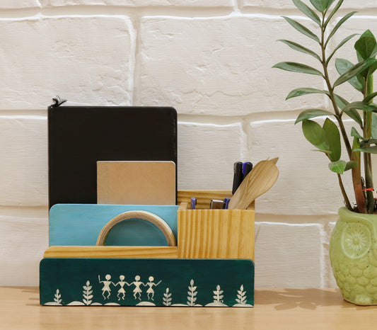 "Dancing Tribal" Hand Painted Wooden Desk Organizer