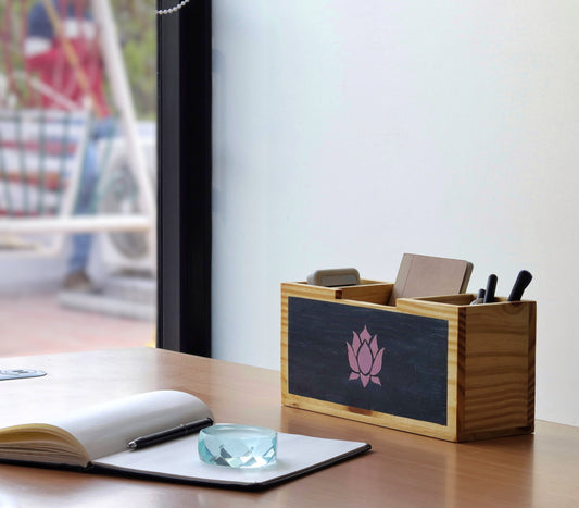 Blooming Lotus Hand Painted Wooden Desk Organizer
